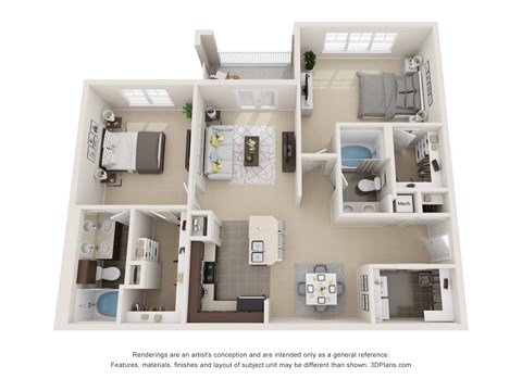 Floor plan for 2 beds, 2 baths, 1225 sqft